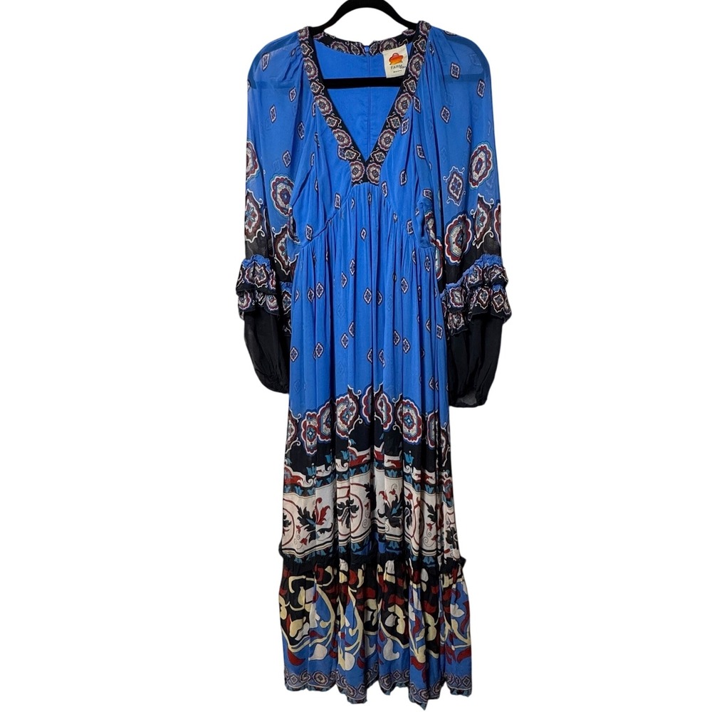FARM Rio Ainika Tiles Maxi Dress Blue Long Sleeve V Neck Tiered Flowy - Picture 11 of 14